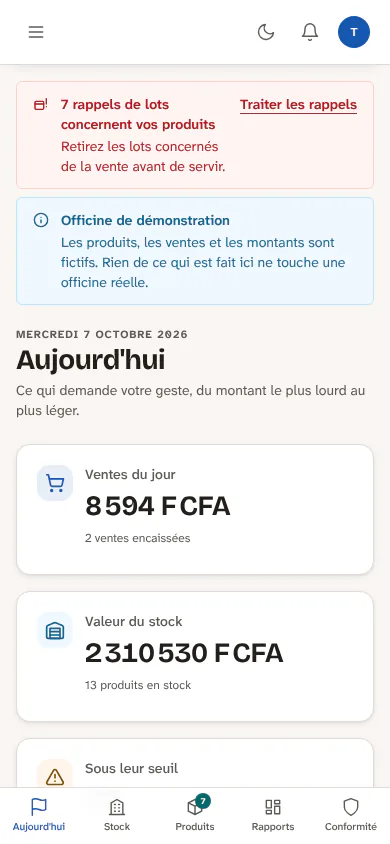 Aujourd'hui sur un téléphone : le montant en jeu, puis la première action, isoler trois lots périmés.